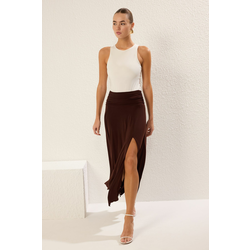 Trendyol Brown Waist Detailed Slit Stretchy Knitted Maxi Skirt