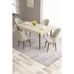 Hanah Home trpezarijski set Roz, sto na razvlačenje i 4 stolice, krem ploča, noge boje oraha, krem tkanina Babyface
