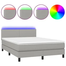 Vidaxl Box spring postelja z vzmetnico LED sv. siva 140x200 cm blago