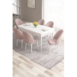 Hanah Home Set Trpezarijski sto i 6 stolica Roz, Roze-beli