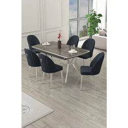 Hanah Home trpezarijski set Sim, sto na razvlačenje i 6 stolica, antracit ploča Irony, hromirane noge, antracit tkanina Babyface