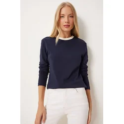 Happiness Istanbul Womens Navy Blue Contrast Color Collar Cotton Knitted Basic Blouse