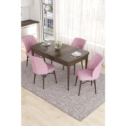 Hanah Home trpezarijski set Eva, sto na razvlačenje i 4 stolice, ploča u dekoru drveta Baroque, roze tkanina Babyface