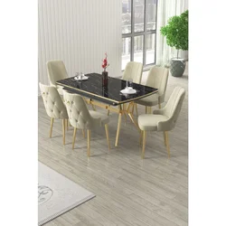 Hanah Home trpezarijski set Nis, sto na razvlačenje i 6 stolica, ploča u dekoru crnog mermera, zlatne noge, krem tkanina Babyface