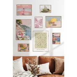 WallXpert set od 8 manjih uramljenih slika Çgs-060, mediteranski motivi u pastelnim tonovima – primorski grad, limuni, školjke i šara Williama Morrisa, ram u boji prirodnog drveta