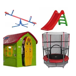 Dečiji komplet za dvorište ( SET 8 ) Kućica + Tobogan + Klackalica + Trambolina