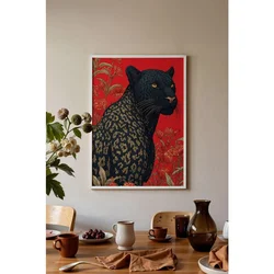 WallXpert uramljena slika 115269, crni panter sa cvetnim motivima na crvenoj pozadini, 30 x 40 cm, beli ram