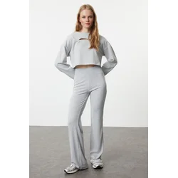 Trendyol Gray Melange Wide Leg High Waist Interlock Elastic Knitted Trousers