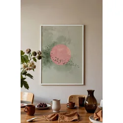 WallXpert uramljena slika 115236, ružičasto sunce i jato ptica na sivozelenom akvarelu, 30 x 40 cm, beli ram