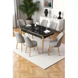 HANAH HOME Rasklopivi trpezarijski sto i stolice (7 delova) Nira Black Marble Gold Grey