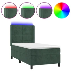 Vidaxl Box spring postelja z vzmetnico LED tem. zelena 90x200 cm žamet