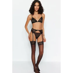 Trendyol Black Lace Garter and Stockings Rope Suspender Non-wired Coverless Knitted Lingerie Set