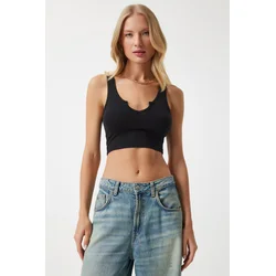 Happiness Istanbul Womens Black Strappy Crop Knitted Blouse