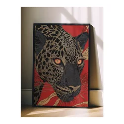 WallXpert uramljena slika 115270, leopard narandžastih očiju na crvenoj pozadini, 30 x 40 cm, crni ram