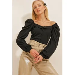Trend Alacati Stili Ženska bluza dugih rukava ALC-X10867, Brod izrez, Crna
