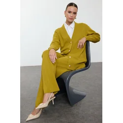 Trendyol Oil Green Pearl Buttoned Cardigan-Pants Knitwear Bottom-Top Set