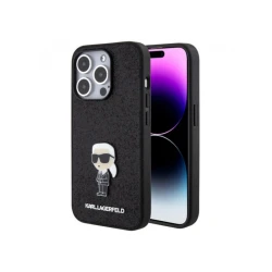 Karl Lagerfeld maska za iPhone 15 Pro IKONIK FIXED GLITTER IKONIK LOGO METAL PIN BLACK