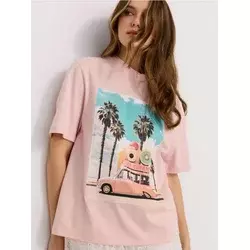 Sinsay - Pamučna majica sa letnjim printom - pastelno roze