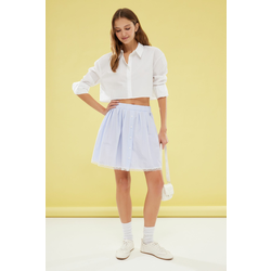 Trendyol Blue Pleated Mini Skirt with Front Button and Lace Hem Detail
