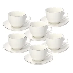 Tognana Set od 6 šolja za čaj, Sa tacnama i platinastim obrubom, Beli