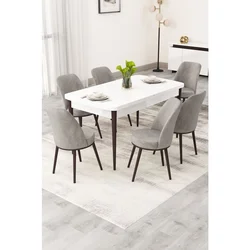 Hanah Home trpezarijski set Rax, sto na razvlačenje i 6 stolica, bela ploča, braon noge, siva tkanina Babyface