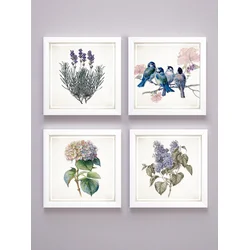 Home Gallery Set od 4 uramljene slike Cveće sa pticama 23x23cm