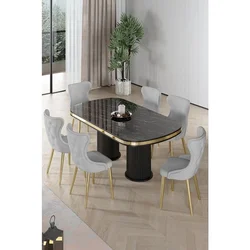 Hanah Home trpezarijski set Galya, sto i 6 stolica, ploča u dekoru crnog mermera, zlatne noge, siva tkanina Babyface