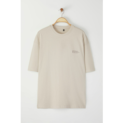 Trendyol Stone Oversize 100% Cotton Crew Neck Minimal Text Printed T-Shirt