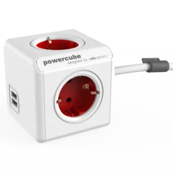 ALLOCACOC DESIGNNEST Produžni kabl sa 4 šuko utičnice i 2 USB priključka 1402RD/DEEUPC 1.5m belo-crveni