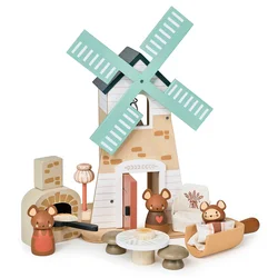 Leseni Veterni Mlin Penny Windmill Tender Leaf Toys s pečico za peko kruha in tri figurice mišk