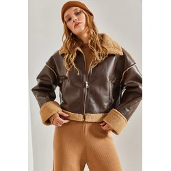 Bianco Lucci Womens Furry Leather Coat with Side Pockets