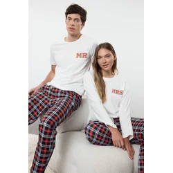 Trendyol Womens Couple White 100% Cotton Plaid Slogan Knitted Pajama Set
