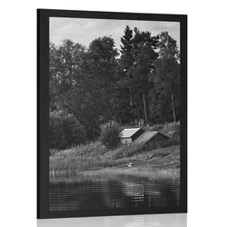 Plakat pravljične hiške pri reki v črnobeli varianti - 60x90 no frame