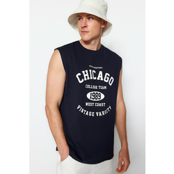 Trendyol Navy Blue Relaxed/Casual Fit City Printed 100% Cotton Sleeveless T-Shirt/Athlete