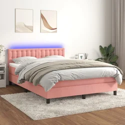 Vidaxl Box spring postelja z vzmetnico LED roza 140x190 cm žamet