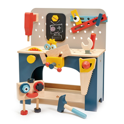 Lesena delavnica z robotkom Table top Tool Bench Tender Leaf Toys z orodjem in kockami