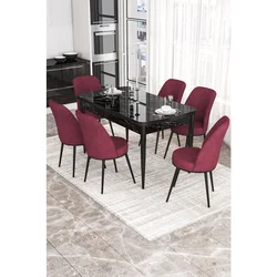 Hanah Home trpezarijski set Via, sto na razvlačenje i 6 stolica, ploča u dekoru crnog mermera, bordo tkanina Jerry