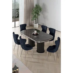 Hanah Home trpezarijski set Galya, sto i 6 stolica, ploča u dekoru crnog mermera, hromirane noge, antracit tkanina Babyface
