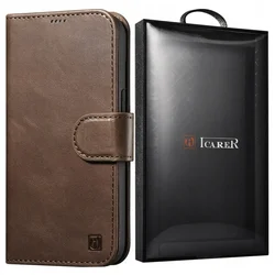 iCARER 2v1 usnjeno etui z zapiralko za iPhone 14 Plus, Anti-RFID Oil Wax Wallet Case, temno rjava