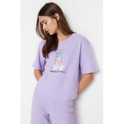 Trendyol Lilac 100% Cotton Fun Printed T-shirt-Pants Knitted Pajamas Set