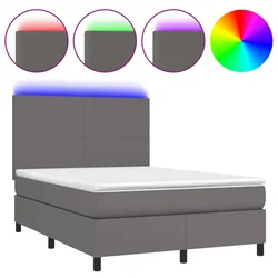 Vidaxl Box spring postelja z vzmetnico LED siva 140x190cm umetno usnje