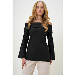 Trend Alaçati Stili Womens Black Madonna Collar Interlock Fabric Blouse