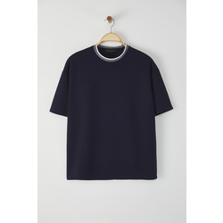 Trendyol Limited Edition Navy Blue Oversize/Wide Cut Knitted Banded Textured Pique T-Shirt