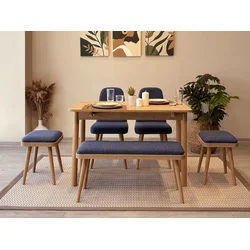 HANAH HOME Vina Mini 03 1048 Oak Dark Blue (Produžni set trpezarijskih stolova i stolica (6 komada))