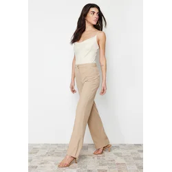 Trendyol Light Brown Straight/Straight Fit High Waist Ribbed Stitched Woven Trousers
