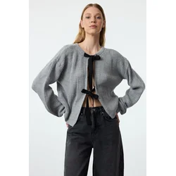 Trendyol Gray Crop Double-Sided Wearable Ribbon/Bow Tie Detailed Knitwear Sweater