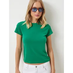 Happiness Istanbul Womens Dark Green Crew Neck Basic Sandy T-Shirt