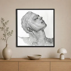 WallXpert uramljena slika na platnu Cc-K-Sy-1028, linijski portret lica sa podignutom glavom od talasastih linija, 80 x 80 cm
