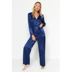 Trendyol Navy Blue Satin Shirt-Pants Woven Pajamas Set