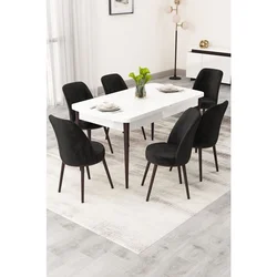 Hanah Home trpezarijski set Rax, sto na razvlačenje i 6 stolica, bela ploča, braon noge, crna tkanina Babyface